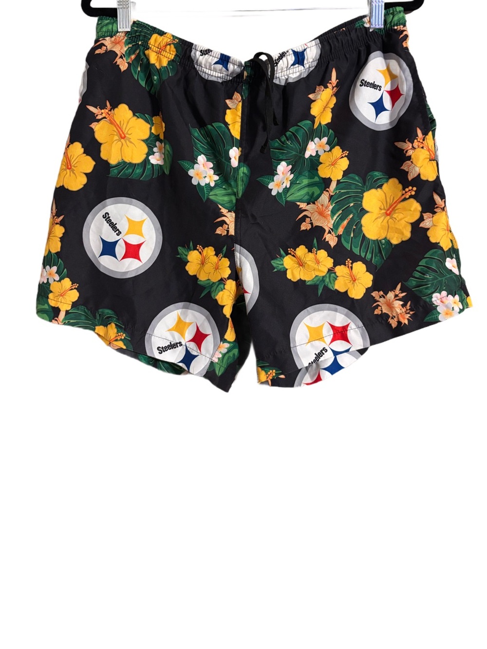 Pittsburgh Steelers Black Floral Men's/Unisex Swim Shorts With Underlining Sz L